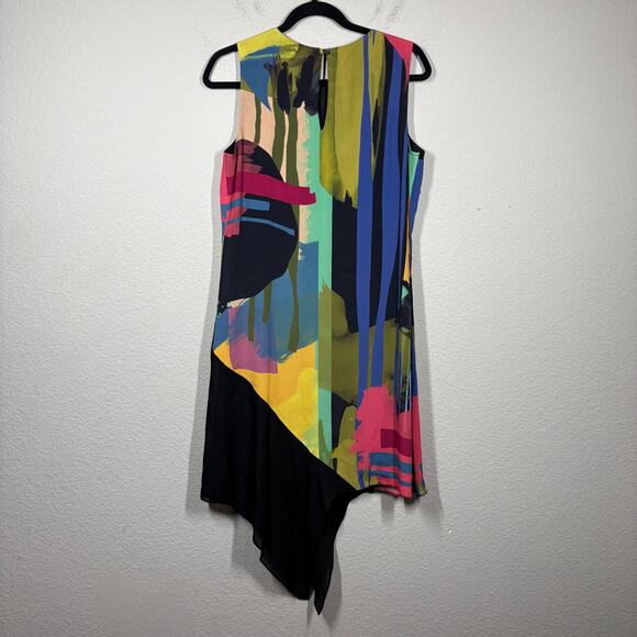 Nicole Miller Small Asymmetric Sheath Dress Black Yellow Silk Blend Abstract - Picture 3 of 9